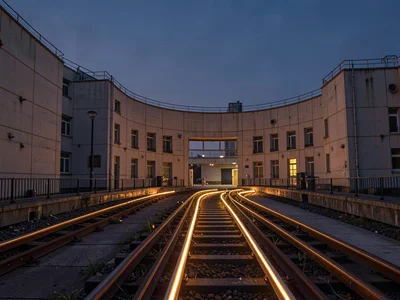 Dome track rails catching low sun as golden lines