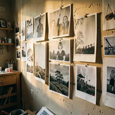 Vertical atmospheric shot of a workshop wall pinned with zine prototypes, late-a