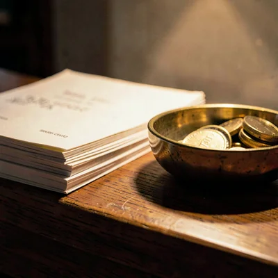 Tight detail of stacked papers on a wooden counter, brass coin tray catching a p