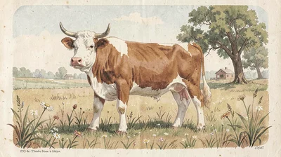 Casein illustration, cow in pastoral meadow , milk-based paint, vintage matte fi
