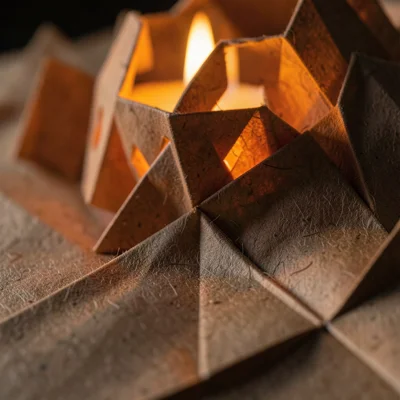 Paper-folded jack-o-lantern with actual candle glow behind, warm orange