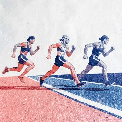 Two-color riso motif of three triathletes in stride linked across the page over 
