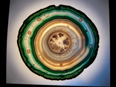 Malachite cross-section, concentric green banding in various shades from emerald