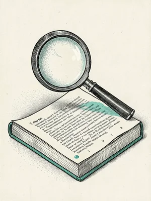 Stipple-shaded magnifying glass hovering over a paper rulebook, fine cross-hatch