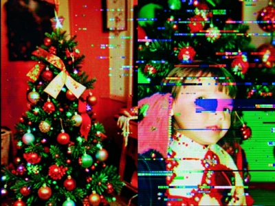 Corrupted Christmas photo with festive color channel shift, red and green split