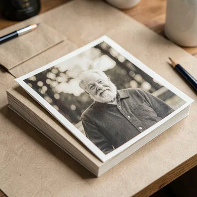 Paper-metaphor hero of layered folded paper photo prints stacked on a paper desk