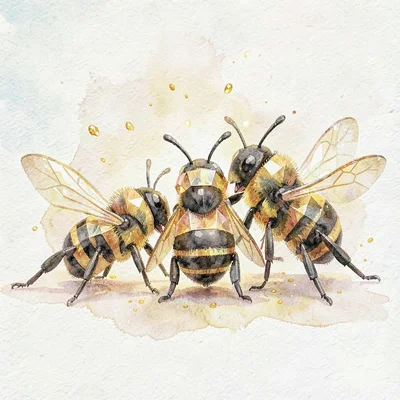 Family of three citrine lowpoly bees clustered together with golden facets trapp