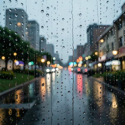 Rain on a window pane, individual droplets each containing a tiny inverted image