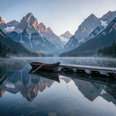 Crisp Alpine clarity, formal composition, Alpine lake at dawn with perfect refle