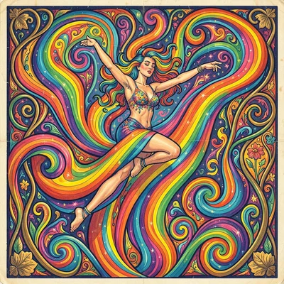 Psychedelic poster illustration, a dancer dissolving into color ribbons , vibrat