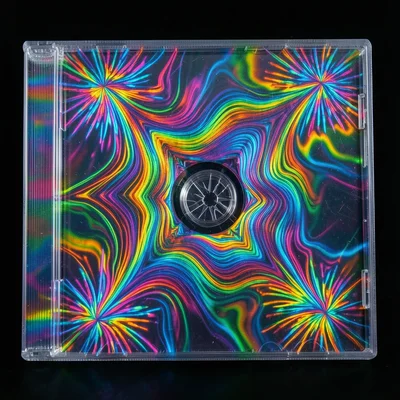 A plastic CD jewel case under cross-polarization, the polycarbonate lid showing 