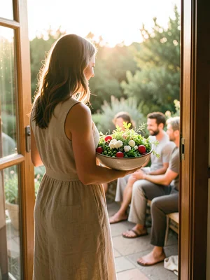 A woman in a linen dress carrying a large ceramic bowl of spring salad — radishe
