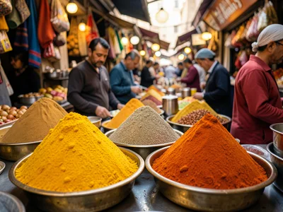 A spice vendor in a Marrakech souk, conical mounds of turmeric, paprika, cumin, 