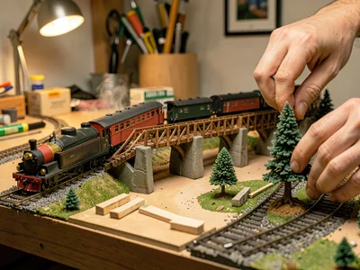 HO scale train crossing a scratch-built trestle bridge, the engineering visible,