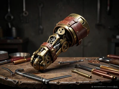 Steam-powered prosthetic arm with exposed gears and leather straps, workbench wi