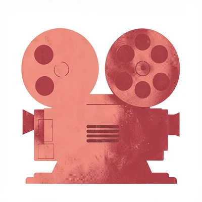 graphic bold silhouette of a single bold cinema-projector-reel-pair in coral and