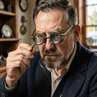 Portrait square of the clockmaker peering through an eye loupe, focused