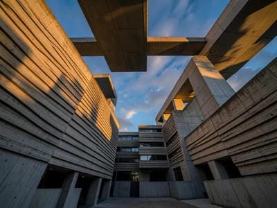 The Barbican Estate terraces catching golden hour light, board-mark texture in h