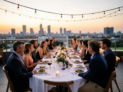 Rooftop dinner party at sunset, string lights, long table, city skyline behind
