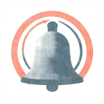abstract halftone-banded bell-shape ringing with three motion-arcs in coral and 