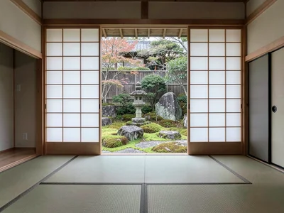 Garden View Through Shoji to Stone Lantern