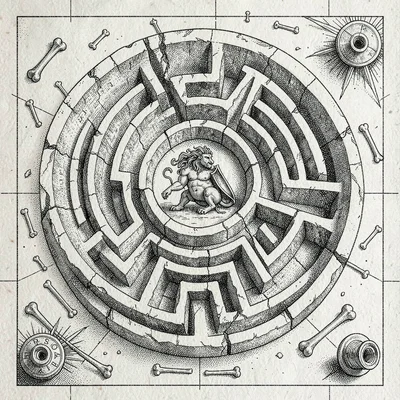 A Greek mythological labyrinth map with the Minotaur at the center, twisting cor