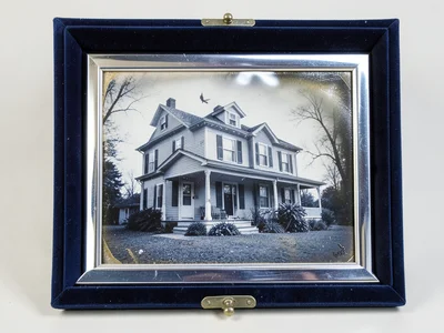 Antiqued photograph of old house exterior, Halloween atmosphere, silver tones
