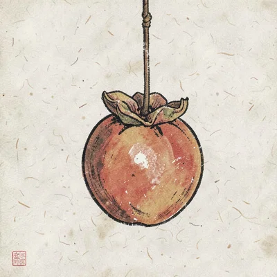 Single dried persimmon hanging on a cord, close-up