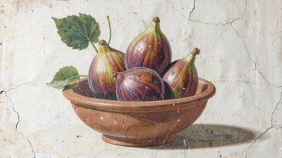 Fresco-style illustration, fresh figs in terracotta bowl , painted into wet plas