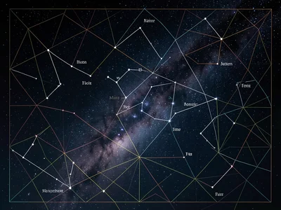 Night sky photograph with constellation illustration overlay, star names, connec