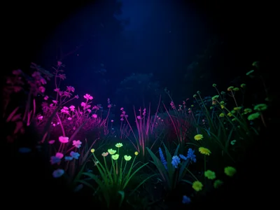 Light-leaked exposure of spring garden, otherworldly magenta and green shifts