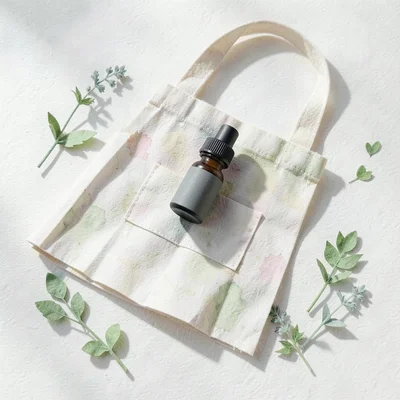 Soft 3D papercraft scene of a tiny matte tincture bottle on a folded paper apron
