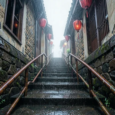 Jiufen rain beauty, wet mountain coastal, Narrow stairway between old buildings,
