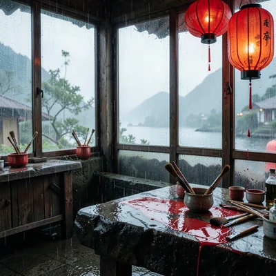 Jiufen rain beauty, wet mountain coastal, Craftsman painting lantern in workshop