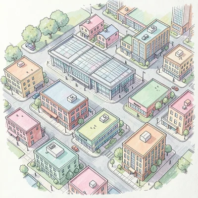 Top-down illustrated city block showing the convention center and host hotels, p