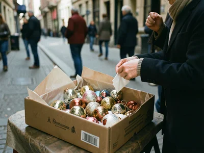 Box of heirloom ornaments in tissue paper, unwrapping tradition