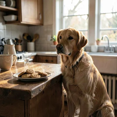 Atmospheric kitchen scene of a golden retriever waiting patiently beside a woode