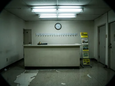 The check-in area of a closed-down motel, the front desk still intact with a bra