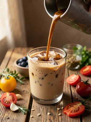 Cold brew coffee slowly pouring into a glass with ice and oat milk swirling