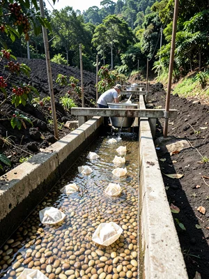Washed Coffee Flowing Through Concrete Processing Channels