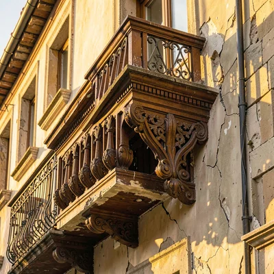 Crumbling Art Nouveau balconies in golden Tbilisi light, balcony corner with int