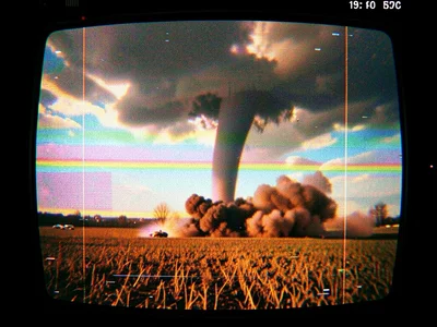 Tornado funnel touching down in farmland, debris cloud at base, dramatic sky