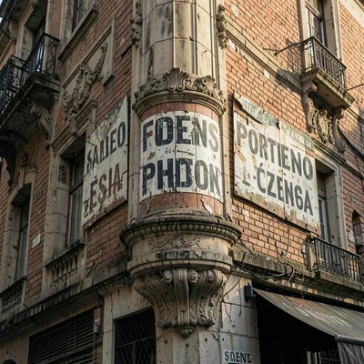 Buenos Aires faded grandeur, belle époque decay, Faded advertising sign painted 