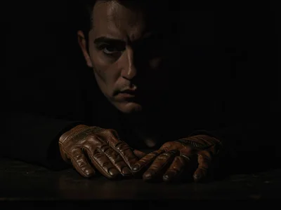 Leather gloves on dark surface