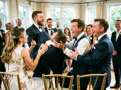 Wedding guests lifting a groom on chairs, the subject's expression between fear 