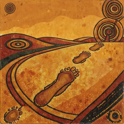 Indigenous Australian dot painting illustration, footprints of ancestors crossin