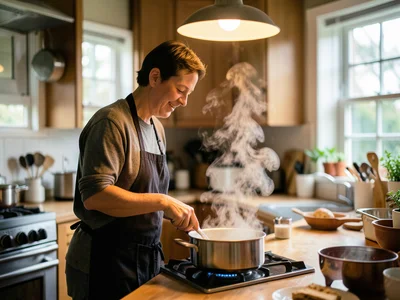 Person cooking in a home kitchen, steam rising from a pot, warm overhead light