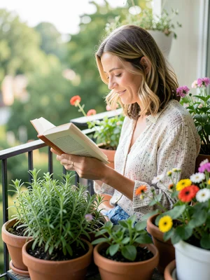 Woman reading a book on a balcony surrounded by potted herbs and flowering plant