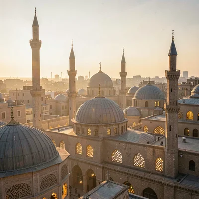 Islamic Cairo geometry, medieval city light, rooftop view of domes and minarets,