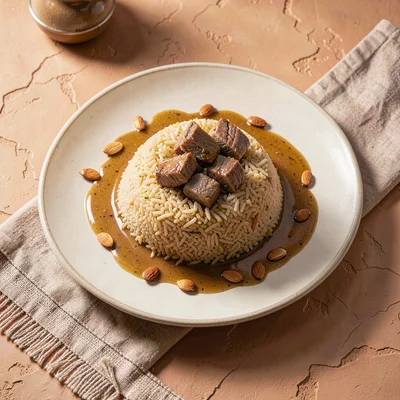 Warm desert-toned photograph, Mansaf platter from above, mounded rice with lamb 